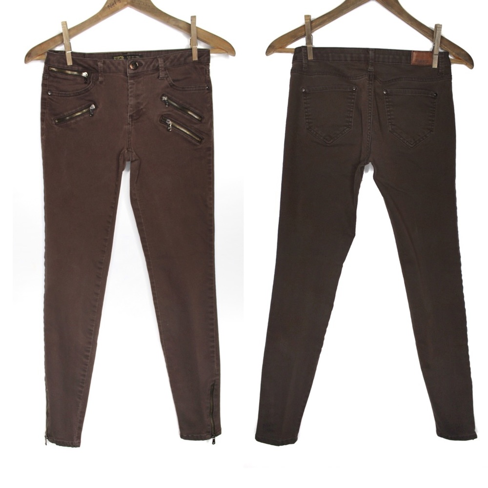 Zara Brown Moto Skinny Jeggings 04 Preowned